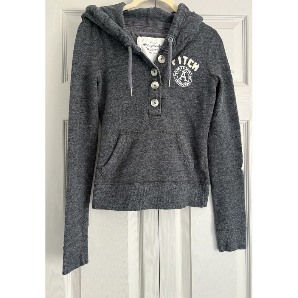 Vtg Abercrombie & Fitch Y2K Hooded 1/4 Button Spellout Henley Sweatshirt Size XS